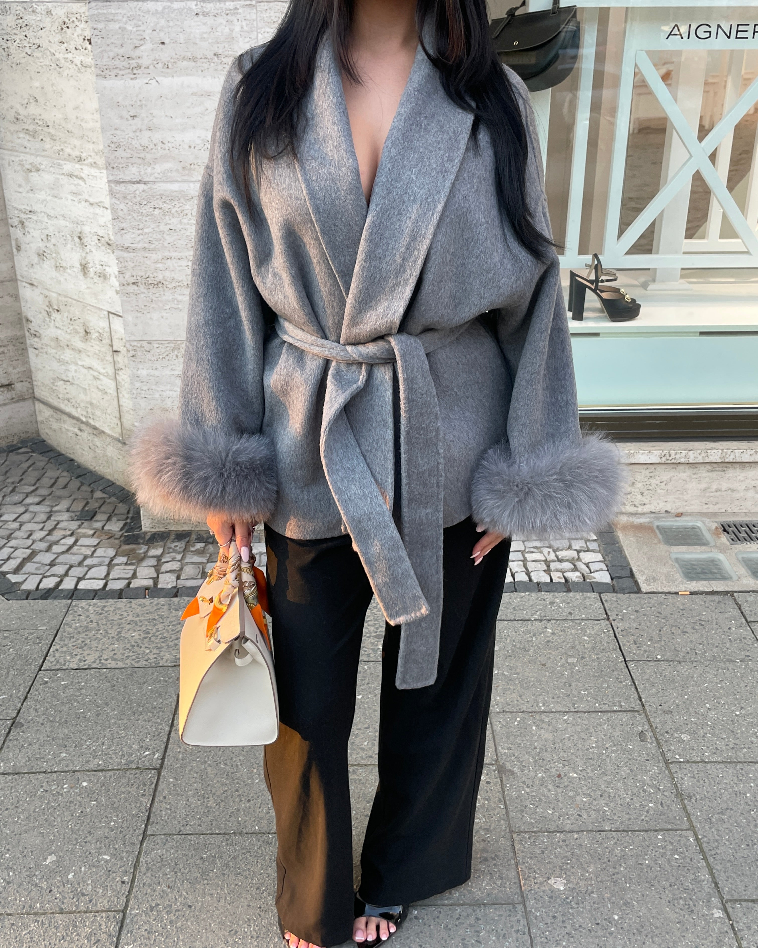 Belted Wool Fur Trim Coat